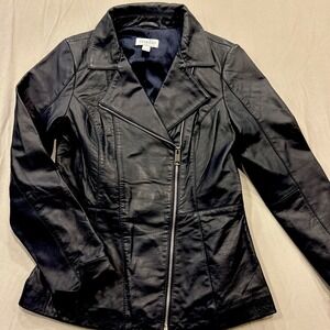 Denim & Co. Lamb Leather Zip Moto Jacket XXS Navy Blue Classic Yet Edgy EUC
